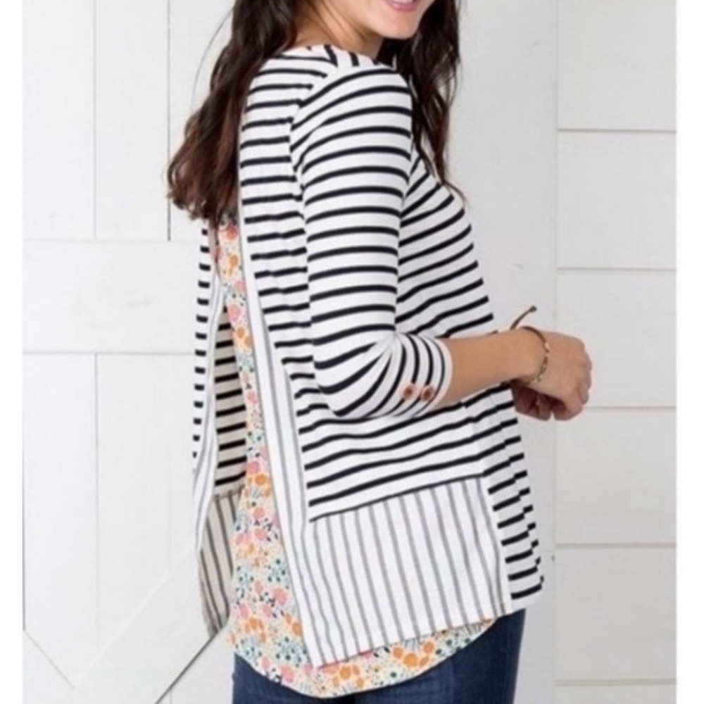 Matilda Jane Clothing Joanna Gaines Striped Floral Print Mixed Media Tunic Top S